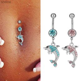 Navel Bell Button Rings Stainless Steel Punk Bar Belly Button Ring Rhinestone Long Dolphin Tassel Navel Ring Women Drop Dangle Body Piercing Jewelry YQ240125