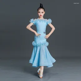 Stage Wear Children Ballroom Dance Performance Dress Girls Blue Tango Outfit Bodysuit Skirt Standard Waltz Dancing Costume VDB6960