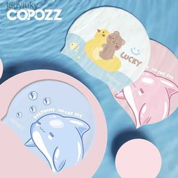 Swimming caps COPOZZ Swimming Cap For Children Kids Waterproof Elastic Silicone Swim Pool Cap Ear Protection Cartoon Swim Hat For Boys GirlL240125