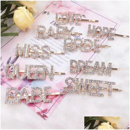 Hair Clips & Barrettes Gold Crystal Rhinestone Letter Hair Clips Girl Hairpin Bling Diamond Words Barrettes Fashion Bangs Clip Woman Dhczx