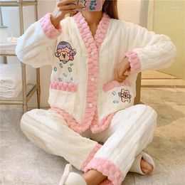 Women's Sleepwear 2024 Women Pyjamas Set Winter Fleece 2 Piece Pocket Pant Home Suit Fluffy Casual Piiama Warm V-neck Button Night Wear