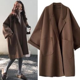 Elegant Woollen Trench Coat Winter for Women Vintage Windbreakers Jacket Mid-Length Loose Turn-Down Collar Plus Size 4XL Cardigan 240122