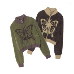 Women's Sweaters Mohair Stand Collar Sweater For Women Long Sleeves Butterfly Embroidery Zipper Girl Pullover American Y2k Autumn And