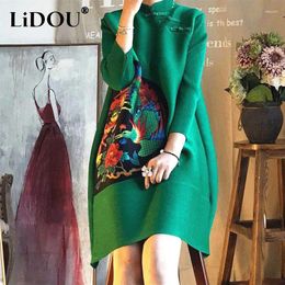 Casual Dresses Autumn Winter Chinese Style Vintage Printing Robe Femme Long Sleeve Loose Vestidos De Fiesta Women's Frog Elegant Dress