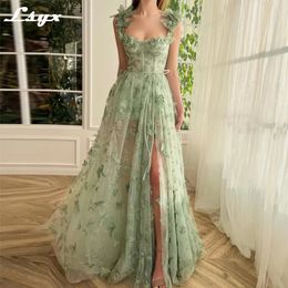 LSYX Sage Green 3D Lace Butterflies Sweetheart Prom Dresses 2024 Spaghetti Straps A-Line High Slit Fairy Evening Gown Lace Up 240124