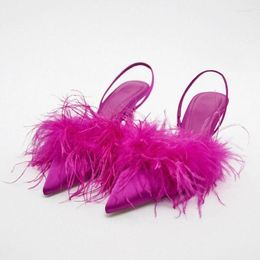 Sandals Fashion Feather Women Sexy Pointy Toe Mid-heels Party Shoes Stiletto Ladeis Pumps Sandalias Fur Slingback