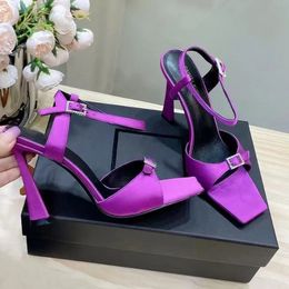 2024 Summer Slim high-heeled Gippy Strappy sandals satin ankle band purple dress shoes narrow word band women's high-heeled shoes original box transportation