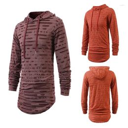 Men's T Shirts Spring And Autumn European Size Casual Fashion Worn Holes Versatile Mid Length Hooded Sports Long Sleeved T-shirt