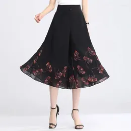 Women's Pants A-line Split Chiffon Women Summer Dance Thin Printing Wide Leg Calf-length Female High Waist Culottes L25