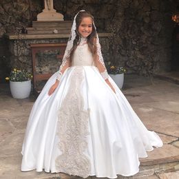 2024 Lovely Flower Girls Dresses For Weddings Long Sleeves High Neck Lace Appliques Crystal Beads Princess Kids Birthday Girl Pageant Gowns Sweep Train 403