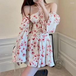 Casual Dresses Y2K Design Sexy Vingate Mini Dress Women Long Sleeve Elegant Floral One Piece Korean Office Lady 2024 Summer