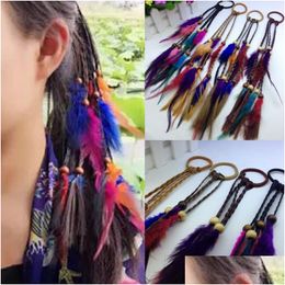Hair Rubber Bands Handmade Bohemia Feather Hair Rubber Bands With Plait Wood Beads Girls Hippie Rope Mix Colors Drop Delivery Jewelry Dhlup
