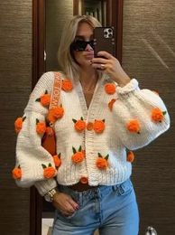 Elegant Rose Knitted Crochet Cardigan For Women Long Sleeve V-neck Cropped Sweater Autumn Winter Single Breasted Female Knitwear 240122