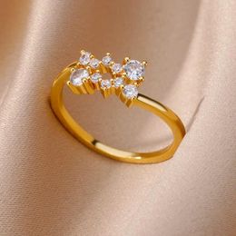 Cluster Rings Tiny Double Zircon For Women Stainless Steel Gold Plated Opening Ring Korean Fashion Wedding Party Jewerly