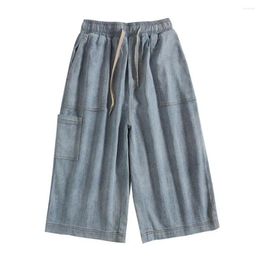 Men's Jeans Men Denim Shorts Loose Fit Summer Cropped Cargo Trousers With Wide Leg Deep Crotch Elastic For