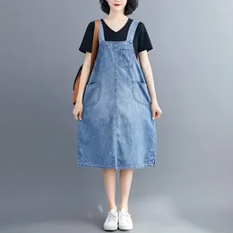 Casual Dresses Summer Women Denim Dress Sundress Loose Sleeveless Overalls Female Solid Spaghetti Strap Korean