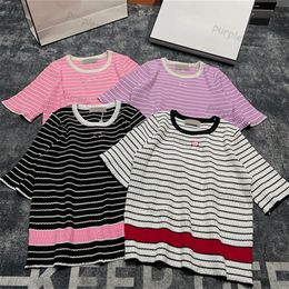 Women Sweater Striped Pullover Fashion Crew Neck Embroidered Short Sleeved Knitwear 4 Color Knitted Tops