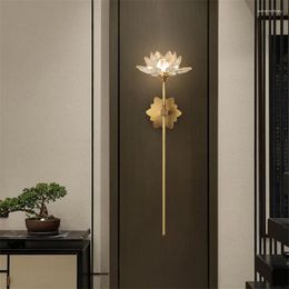 Wall Lamp Chinese Copper Lotus Lamps Zen Living Room Bedroom Creative Crystal Sconce Lights Study Corridor Decorative Lighting