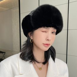 Women's Real Whole Pelt Mink Fur Hat Beret Warm Top Hat Bowler Hat Lamb Fur Cap