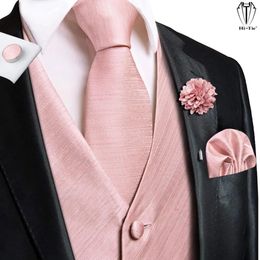 HiTie High Quality Silk Mens Vests Pink Solid Jacquard Waistcoat Tie Hanky Cufflinks Brooch Set for Men Suit Wedding Office 3XL 240119