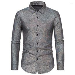 Men's Dress Shirts Men Shiny Silver Shirt For Party Spring Summer Snakeskin Long Sleeve Banquet Fashion Trend Prom Stage Chemise Hombre