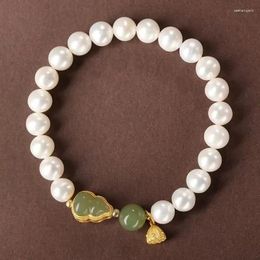 Charm Bracelets Natural Freshwater Pearl Bracelet Hetian Jade Gray Small Calabash 925 Sterling Silver Gold Plated Lotus Root