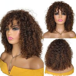 180density Short Curly Bob Human Hair Wigs with Bangs None Full Lace Wigs Highlight Honey Blonde Coloured Wigs for Women Cheap Remy Hair