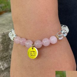 Beaded Mg1528 Strand 8 Mm Rose Quartz Cancer Zodiac Bracelet Fashion Womens Clear Gemstone Bracelets Birthday Stone Wrist Mala Jewelr Dhm2N