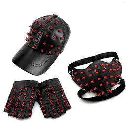 Ball Caps Hedgehog Leather Cap Stylish Hip-Hop Baseball With Motorcycle Fingerless Rivet Gloves And Mask Men