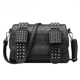 Waist Bags Women's Black Leather Messenger Bag Luxury Rivet Retro Sexy Skull Punk Flip