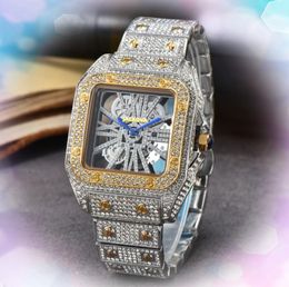 Square Hollow Skeleton Dial Watch All the Crime Super Sky Starry Diamonds Ring Bezel Men Watches Quartz Movement Large Size Stainless Steel Wristwatch Gifts