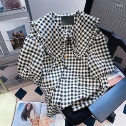 Women's Blouses Summer Women Vintage Doll Plaid Chic Ladies Ulzzang Student All-match Styles Casual Cosy Hipster Lace-up Design Shirts