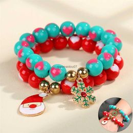 Chain 2pcs/set 12mm Acrylic Heart Beads Fashion Stretch Bracelet Newest Christmas Santa Claus Charm Pendant Women Bracelet Set GiftL24