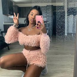 Women's T Shirts Feather Tassel Teddy Tops Off Shoulder Pink Sexy Pullover Women Club Wear Party Crop Top Autumn Elegant 2024 Fashion