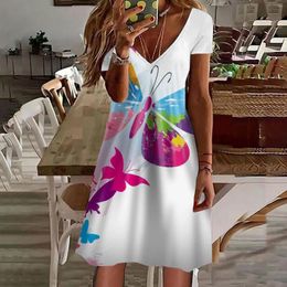 Casual Dresses Ladies Summer Short Sleeve Fashion Dress V Neck Swing Flowy Comfortable Back Less For Women