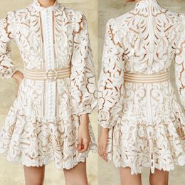 Casual Dresses Vintage Hollow Out Lace Floral Embroidery Dress Spring Autumn Women Stand Collar Lantern Sleeve High Waist Sashes Short