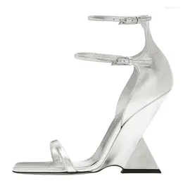 Dress Shoes Square Toe Slope Heel Sandals 2024 Peep Fashion Cool Silver Metal Buckle Brand Summer Party Women's 35-43