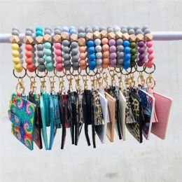 Bracelet Keychain ID Card Holder PU Bangle Key Ring Purse Credit Pocket Tassel for Women Wallet Silicone Bead keyring Beaded with Elastic LL