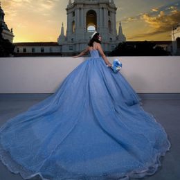 Sky Blue Glitter Crystal Ruffles Ball Gown Spaghetti Strap Quinceanera Dresses Off The Shoulder Beading Pleat Corset Vestido De 15 Anos