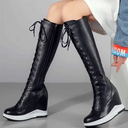 Dress Shoes Fashion Sneakers Women Genuine Leather Wedges High Heel Platform Pumps Shoes Female Winter Warm Thigh High Boots Casual ShoesL231228