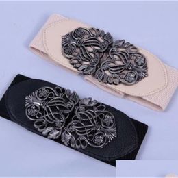 Belts Vintage Women Black Girdle Elastic Waist Belts Pu Leather Belt Style Metal Hollow Out Buckle 5 Colours Drop Delivery Fashion Acce Dh6Vx