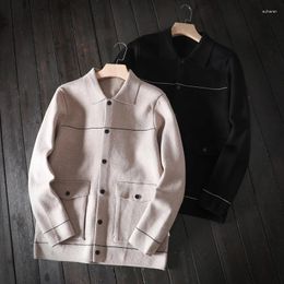 Men's Sweaters Blends Wool Men Sweater Cardigan Single-Breasted Lapel Pockets Outerwear Spring Autumn Knitting Jacket Korean Style Solid