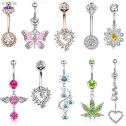 Navel Bell Button Rings Fashion Zircon Butterfly Trendy Women Leaf Belly Button Ring Stainless Steel Body Piercing Jewelry For Bar YQ240125