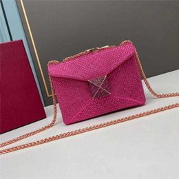 Fashionable Diamond Inlaid Crystal Chain Women's Bag with Large Rivet Flap Versatile Underarm Leather One Shoulder Crossbody Bag 240115