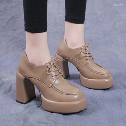 Dress Shoes Fashion Lace Up Women's Solid Colour High Heels 2024 Spring Thick Heel Designer Casual Loafers Zapatillas Mujer