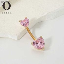 Navel Bell Button Rings Obega Sweet Pink Cubic Zircon Heart Shape Pendant Dangle Belly Navel Ring Fashion Body Piercing Jewelry Best Woman's Gift YQ240125