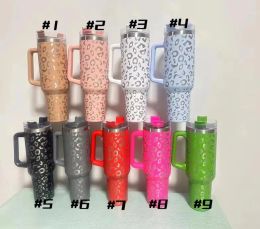 40oz leopard Stainless Steel Tumblers Cups with handle Lids And Straw Outdoor Travel Car Beer Mugs Insulation Travel Vacuum Flask Water Bottles With Logo 0125