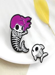 Mermaid Pins Mermaid Skeleton Fishbone Brooch Purple Hair Mermaid Fish Bone Skeleton Kids Enamel Pins Badge Brooch6315496