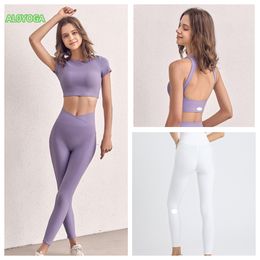 AL0YOGA-6 Thread Hollow Back Sports Vest Underwear High Waist Hip Abdomen Cross Waist Fitness Pants Yoga Suit