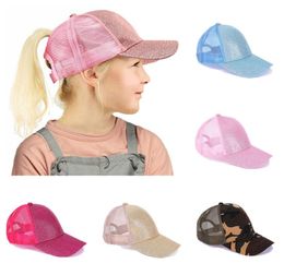 Kids Ponytail Baseball Cap Glitter Ponytail Messy Buns Mesh Breathable Trucker Pony Caps Children Sun Hat Outdoor HHA14215063211